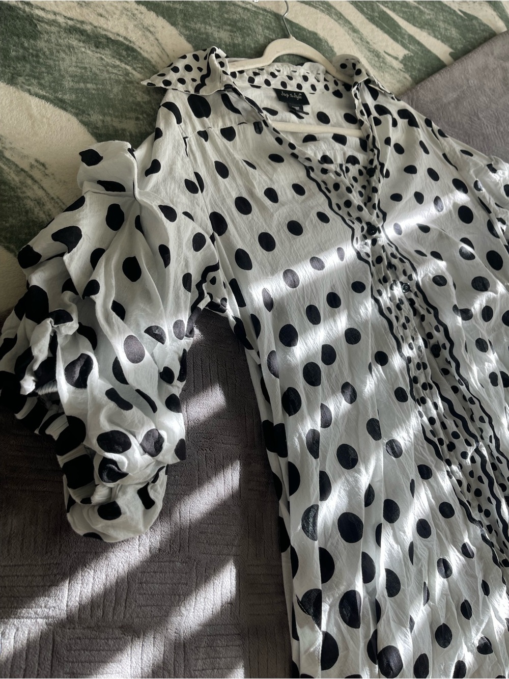 Polka Dot Puff Sleeve Women’s Dress - Black on White - Picture 3 of 8